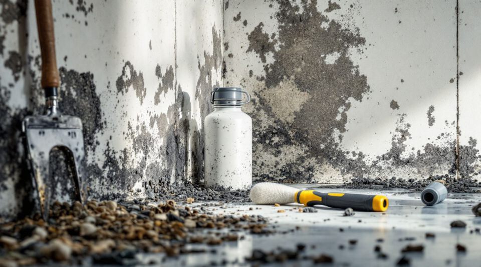 Close-up of a basement wall with visible dark mold patches on the lower drywall section near a concrete floor